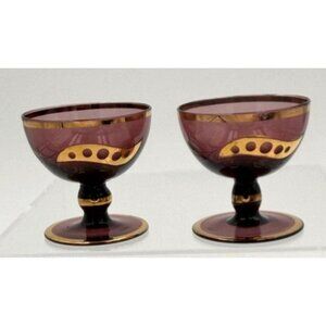Vintage Amethyst Glass Cordial Glasses Gold Band Cutout Design Set of 2